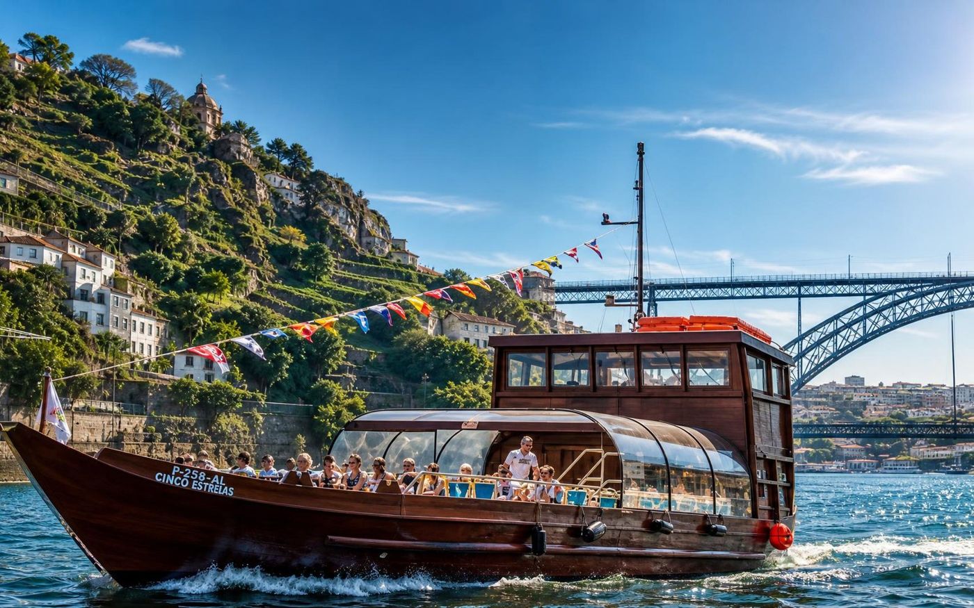 De rivierkant van Porto gezien vanaf het water, met de rabelo-boten