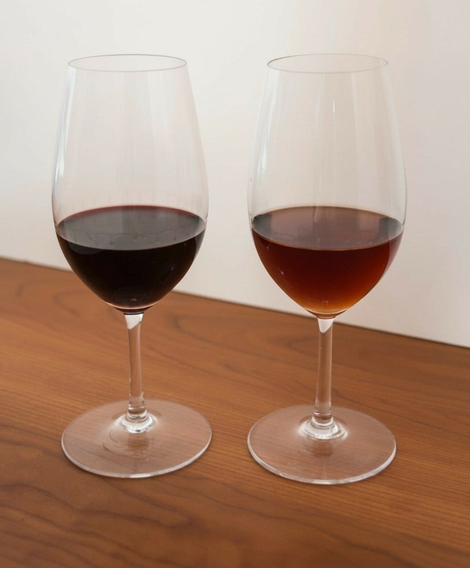 Tawny and ruby Port side by side