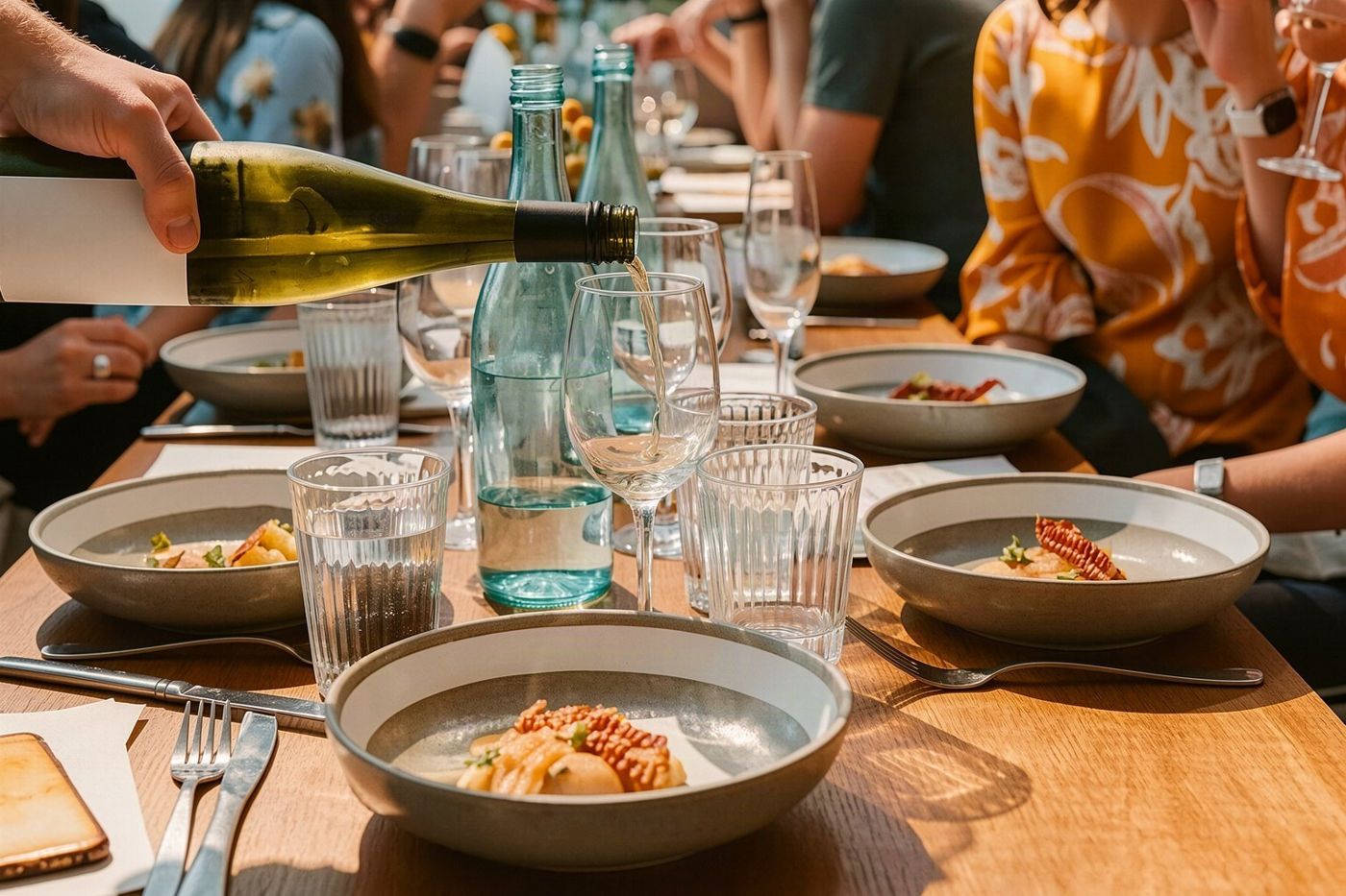 A long table laid for a group