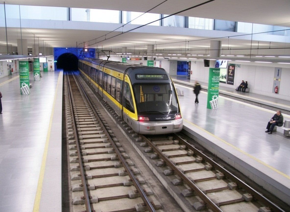 A Porto metro train at a city platform