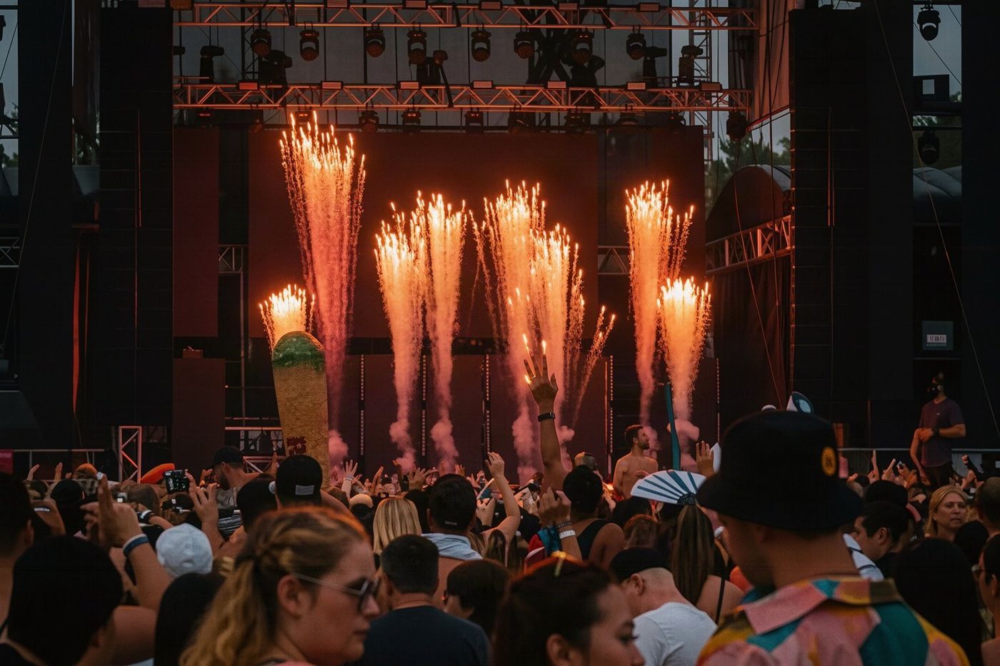 Eine Festivalbühne nach Einbruch der Dunkelheit