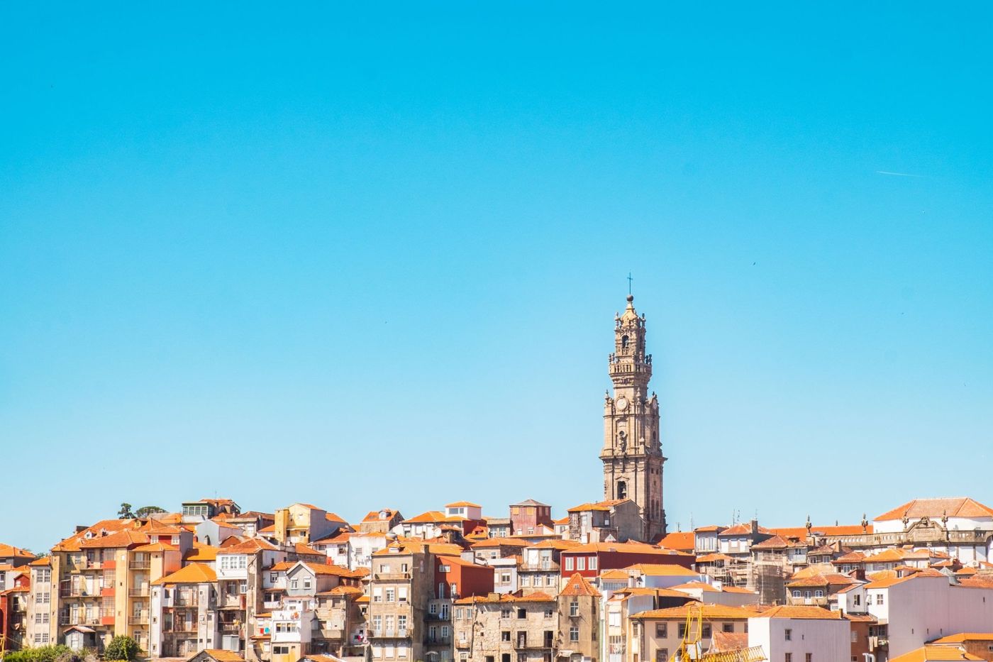 The Clérigos Tower above the roofs of central Porto