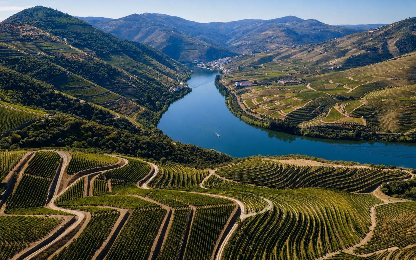 De terrasvormige wijngaarden van de Douro boven de rivier