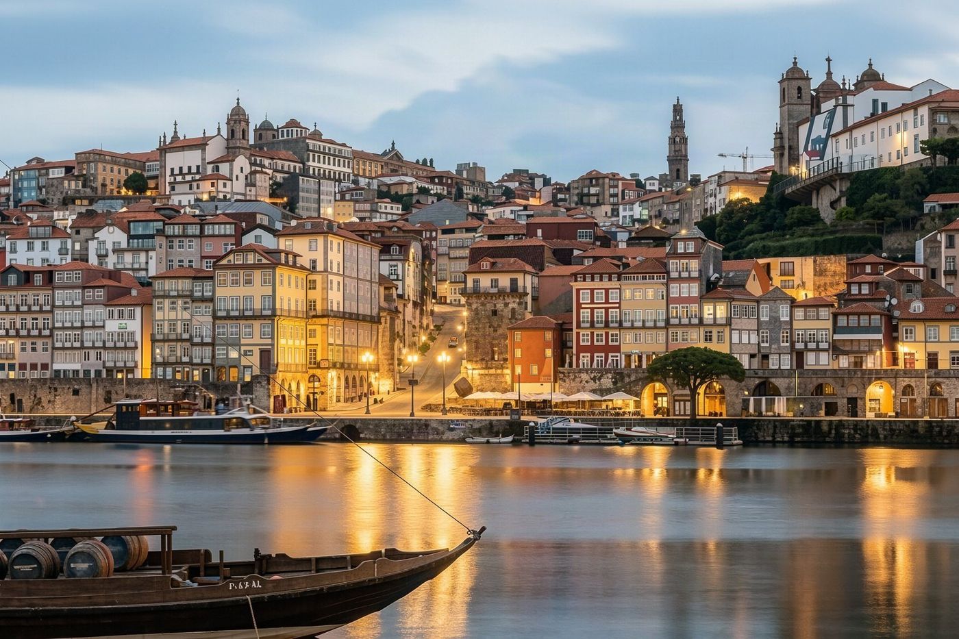 The Douro river in Porto with the Dom Luís I bridge and the Ribeira quay